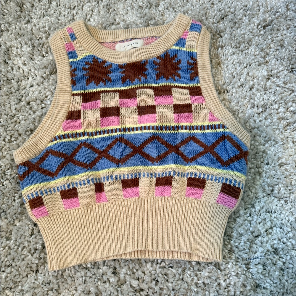 La Hearts Cream and Blue Ribbed Crop Tank Top